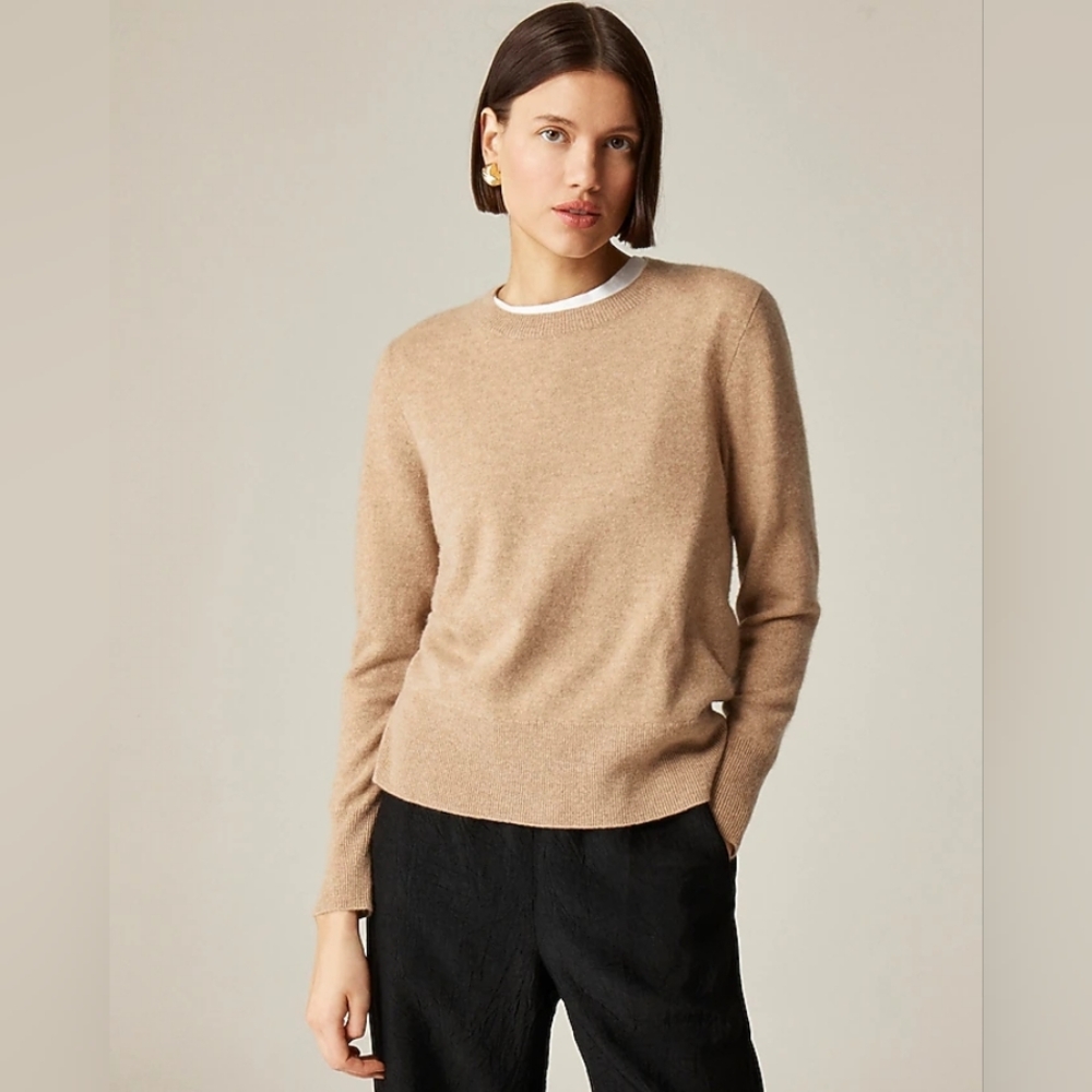 J.Crew 100% Cashmere Classic-fit Crewneck Sweater, color Camel, size Small - Picture 1 of 8